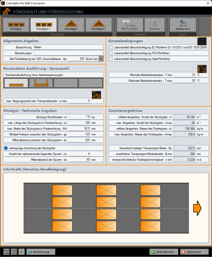 Calculator for Belt Conveyors - conveyed cargo and conveying capacity for general cargo