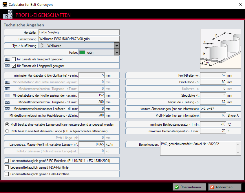 Calculator for Belt Conveyors - profile properties