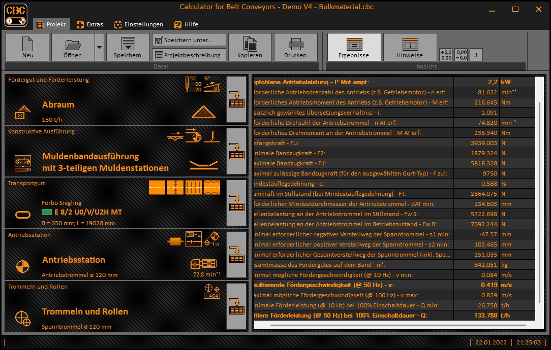 Calculator for Belt Conveyors - Projekt-Hauptansicht