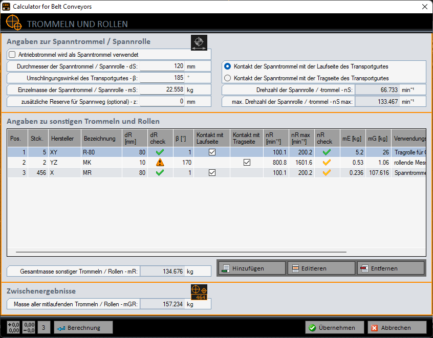 Calculator for Belt Conveyors - rollers and drums