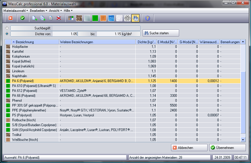 MassCalc professional - Materialauswahl