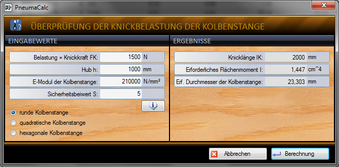 PneumaCalc - check of the buckling load of the piston rod