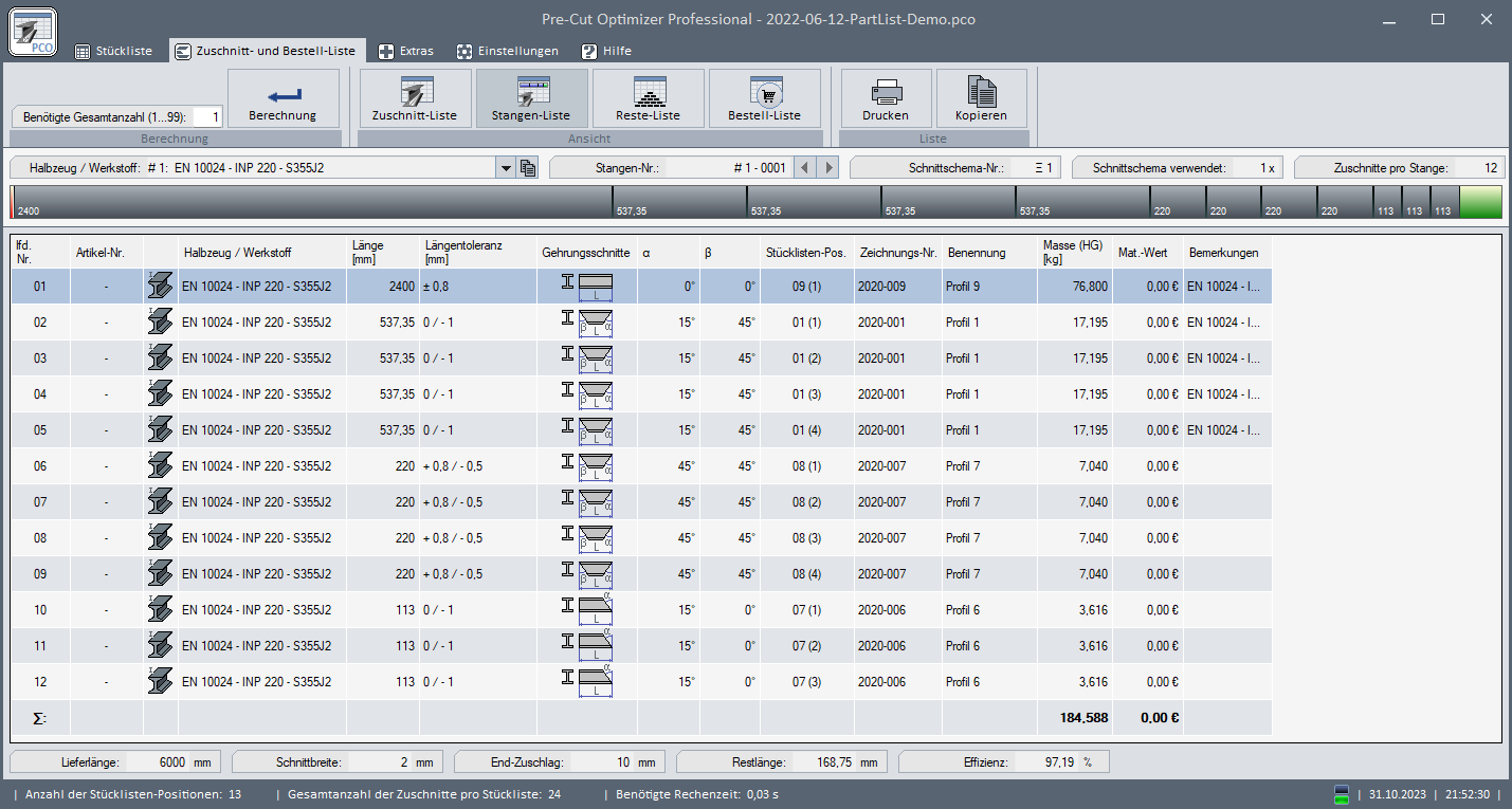 Pre-Cut Optimizer - bar list (pre-cuts)