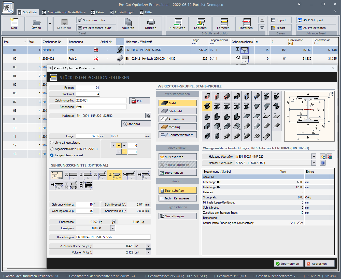 Pre-Cut Optimizer - parts list main view + edit parts list item