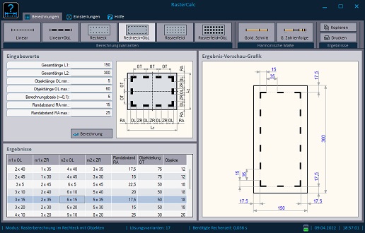 RasterCalc - Beispiel einer Rasterberechnung im Rechteck mit Objekten